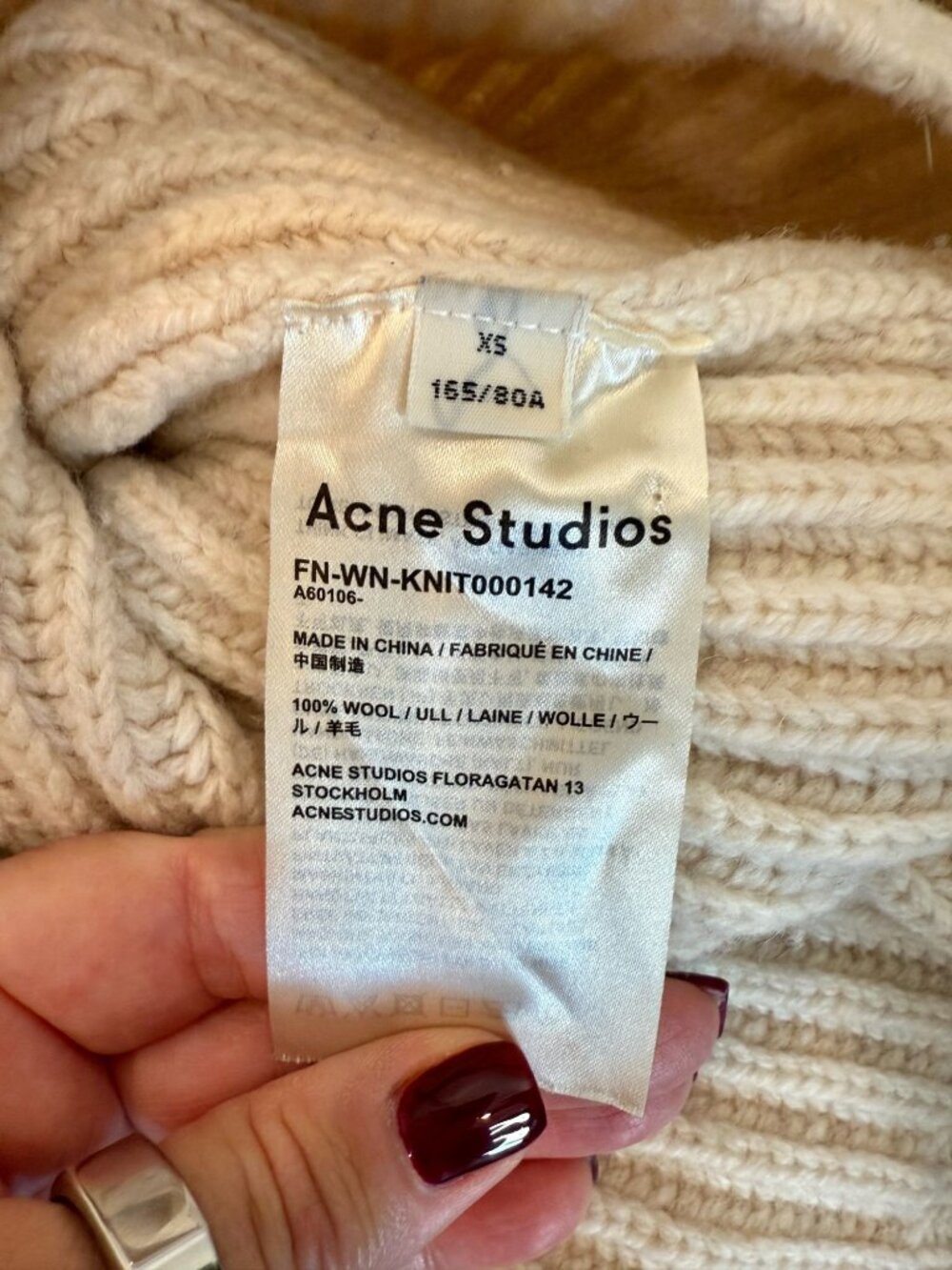 Acne Studios 100% Wool Ribbed V-Neck Sweater Beige Knit - Size XS - Picture 5 of 7